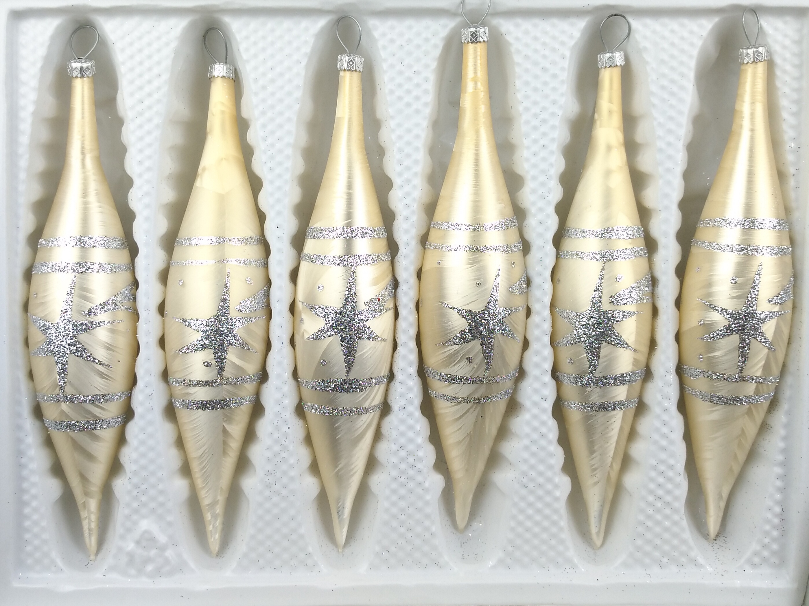 Glas-Zapfen Christbaumkugeln Set in „Ice Champagner Silber“ Komet 6 tlg