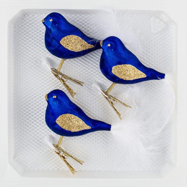 3 teiliges Glas Vogel Set in "Ice Royal Blau Gold Regen
