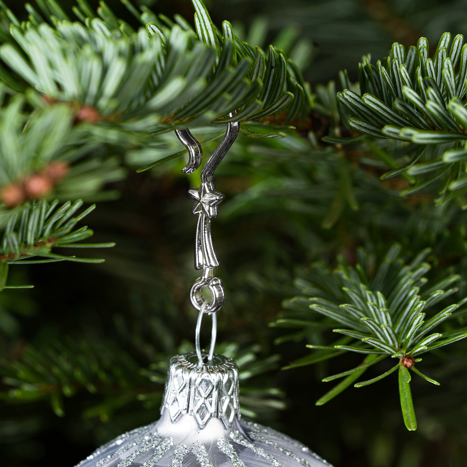 60 Stück Weihnachtskugeln Haken „Chrom Silber Stern“ Aufhänger – Navidacio  – Weihnachtskugeln aus Glas – Reflektor Christbaumkugeln – Echt Glas  Christbaumschmuck