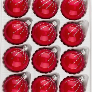 12 tlg. Glas-Weihnachtskugeln Set in Hochglanz Rot Silber Regen