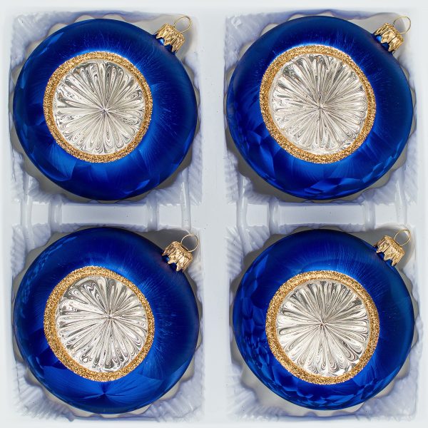 4 tlg. Glas-Weihnachtskugeln Set 10cm Ø in "Vintage Ice Royal Blau Gold" Christbaumkugeln -Reflektorkugeln -Christbaumschmuck 10cm Durchmesser Reflexkugeln